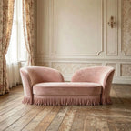 French Vintage Fringe Sofa with Sculptural Curved Silhouette and Plush Upholstery Main Product Image