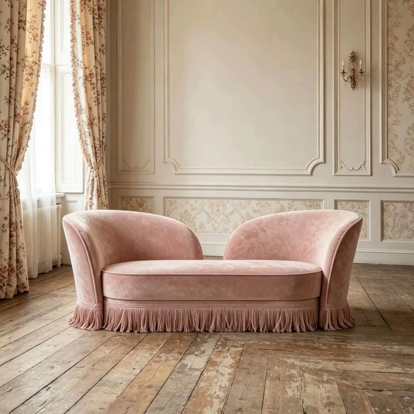 French Vintage Fringe Sofa with Sculptural Curved Silhouette and Plush Upholstery Main Product Image Main image