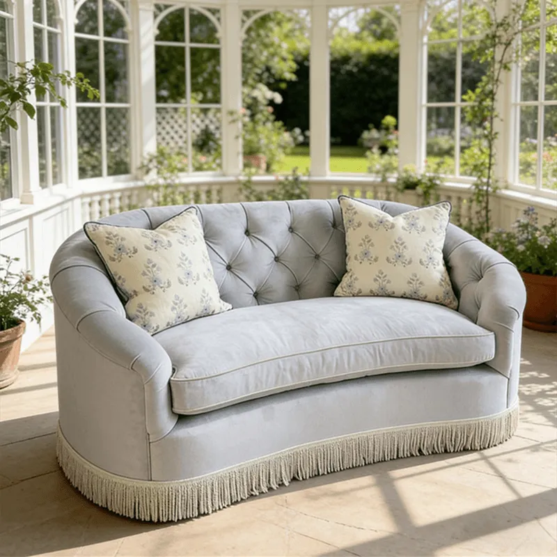 French Vintage Fringe Sofa with Tufted Velvet Curves for Living Room