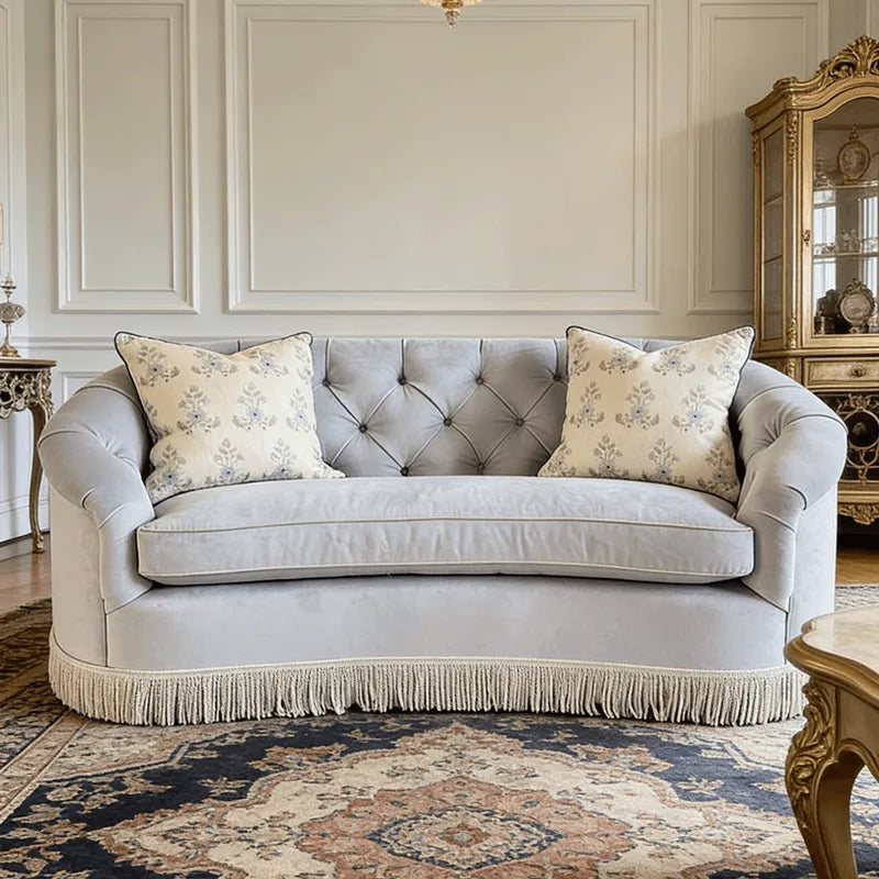 French Vintage Fringe Sofa with Tufted Velvet Curves for Living Room