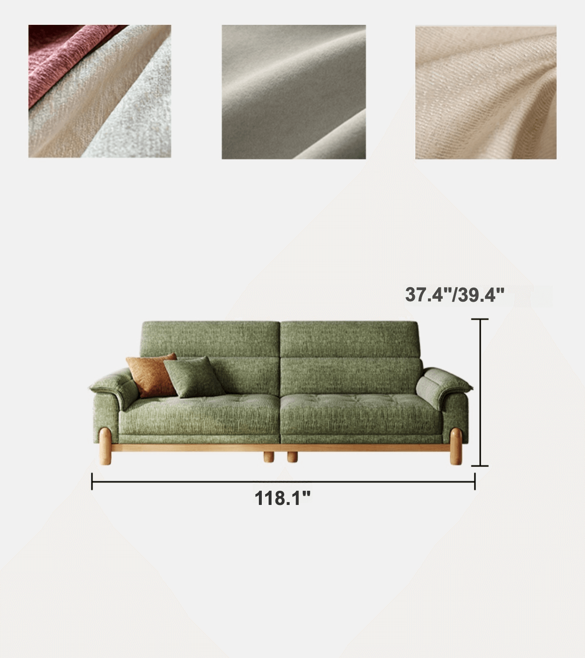 French Vintage Green Sofa with Solid Ash Wood Frame