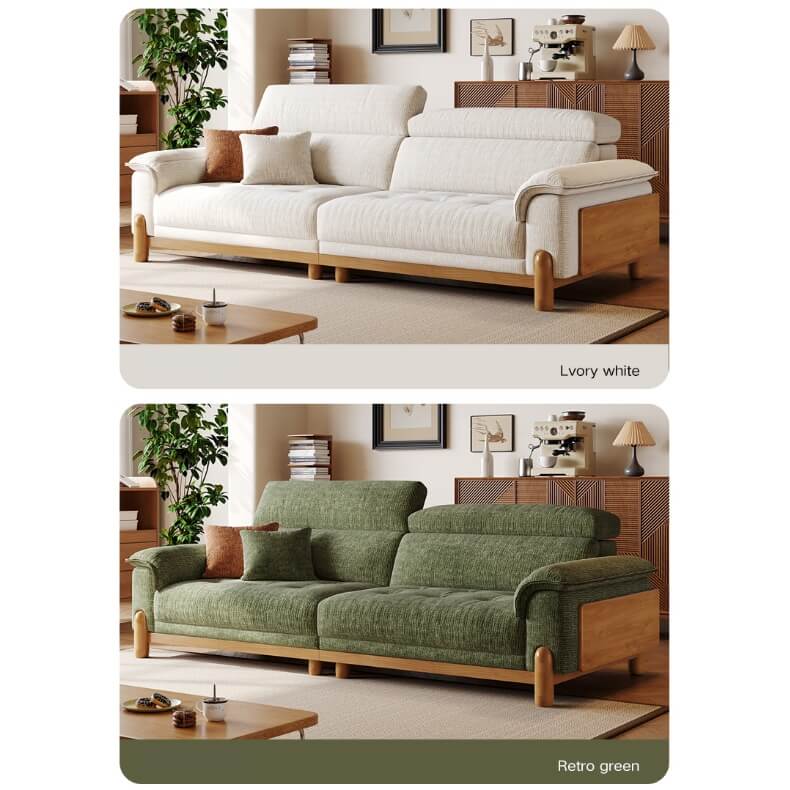 French Vintage Green Sofa with Solid Ash Wood Frame