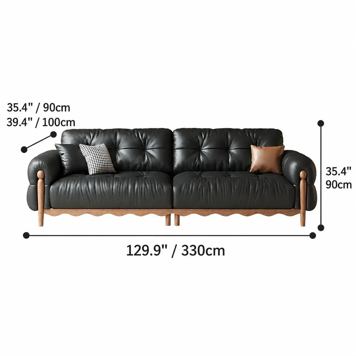 French Vintage Leather Sofa with Tufted Back, Rolled Arms and Wood Base