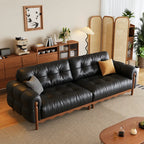 French Vintage Leather Sofa with Tufted Back, Rolled Arms and Wood Base