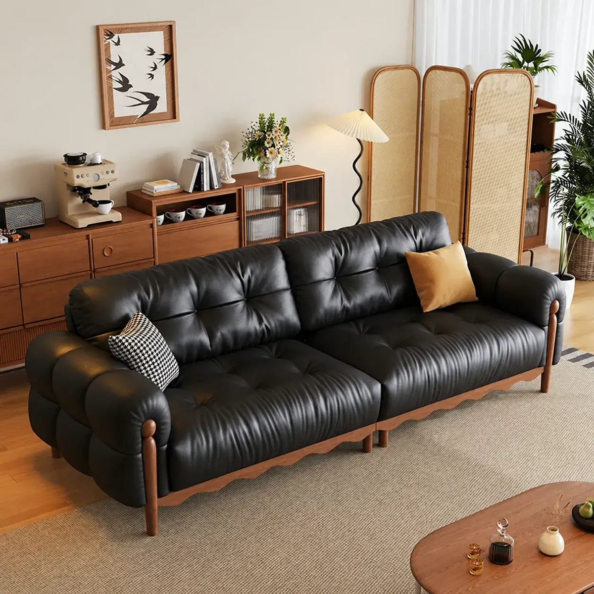 French Vintage Leather Sofa with Tufted Back, Rolled Arms and Wood Base