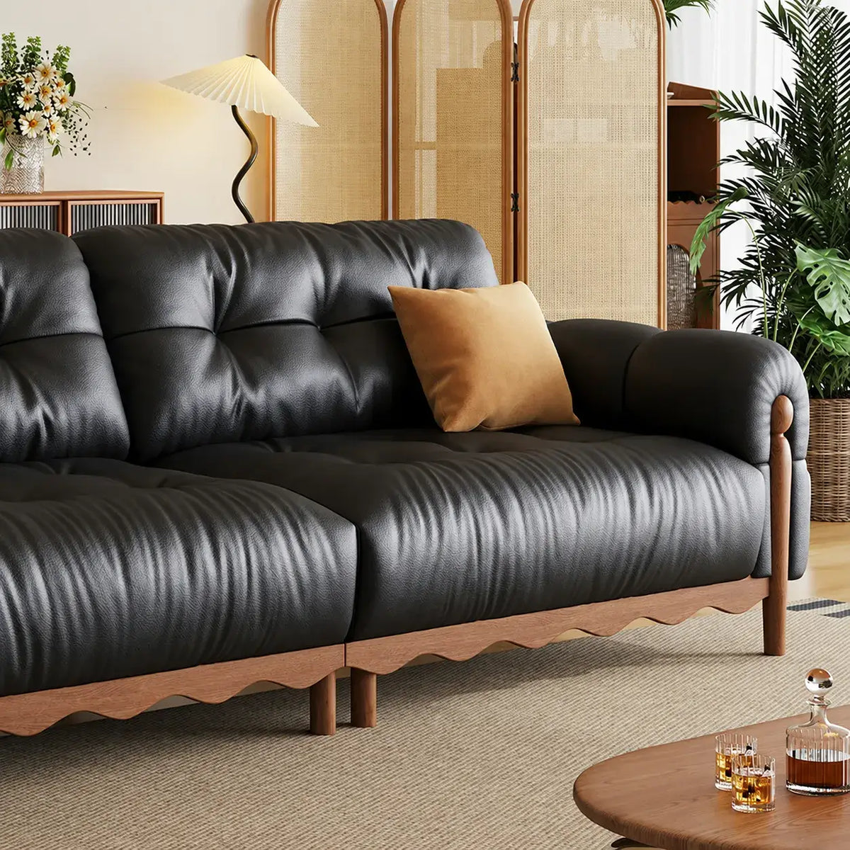 French Vintage Leather Sofa with Tufted Back, Rolled Arms and Wood Base