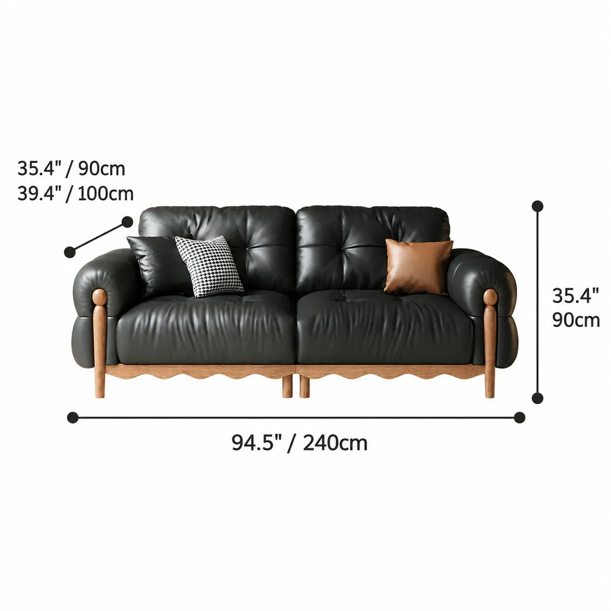 French Vintage Leather Sofa with Tufted Back, Rolled Arms and Wood Base