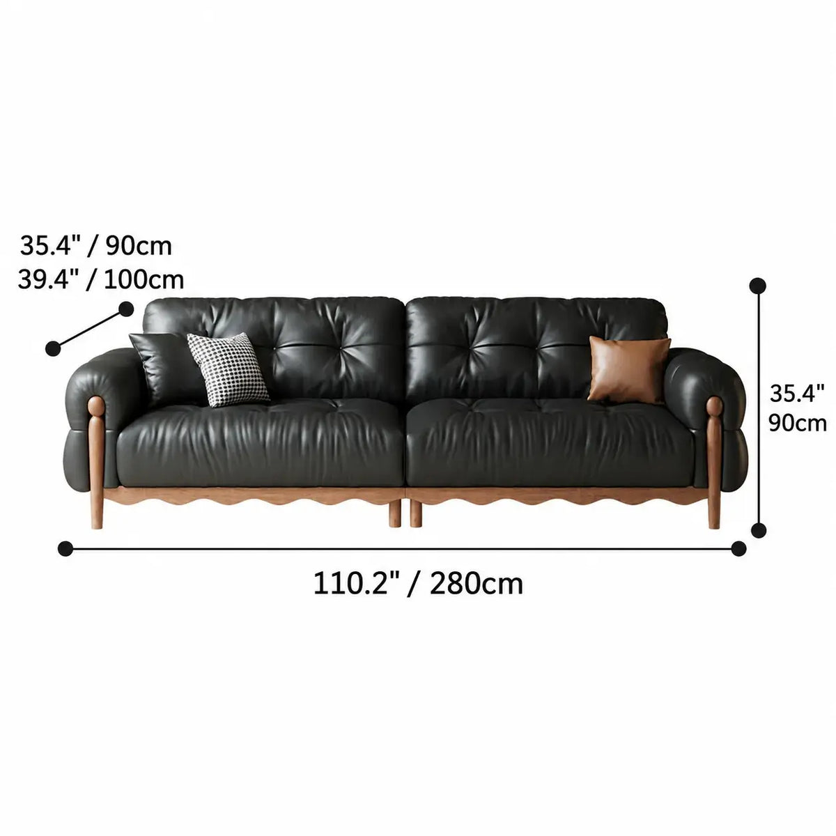 French Vintage Leather Sofa with Tufted Back, Rolled Arms and Wood Base
