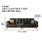French Vintage Leather Sofa with Tufted Back, Rolled Arms and Wood Base Dimensions