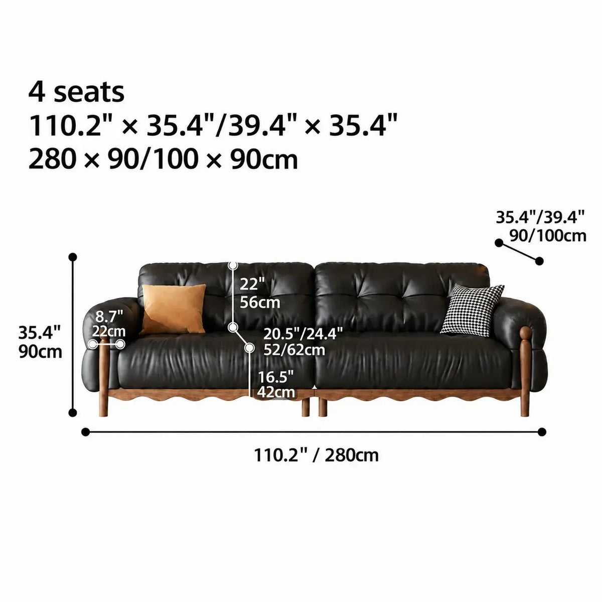 French Vintage Leather Sofa with Tufted Back, Rolled Arms and Wood Base Dimensions