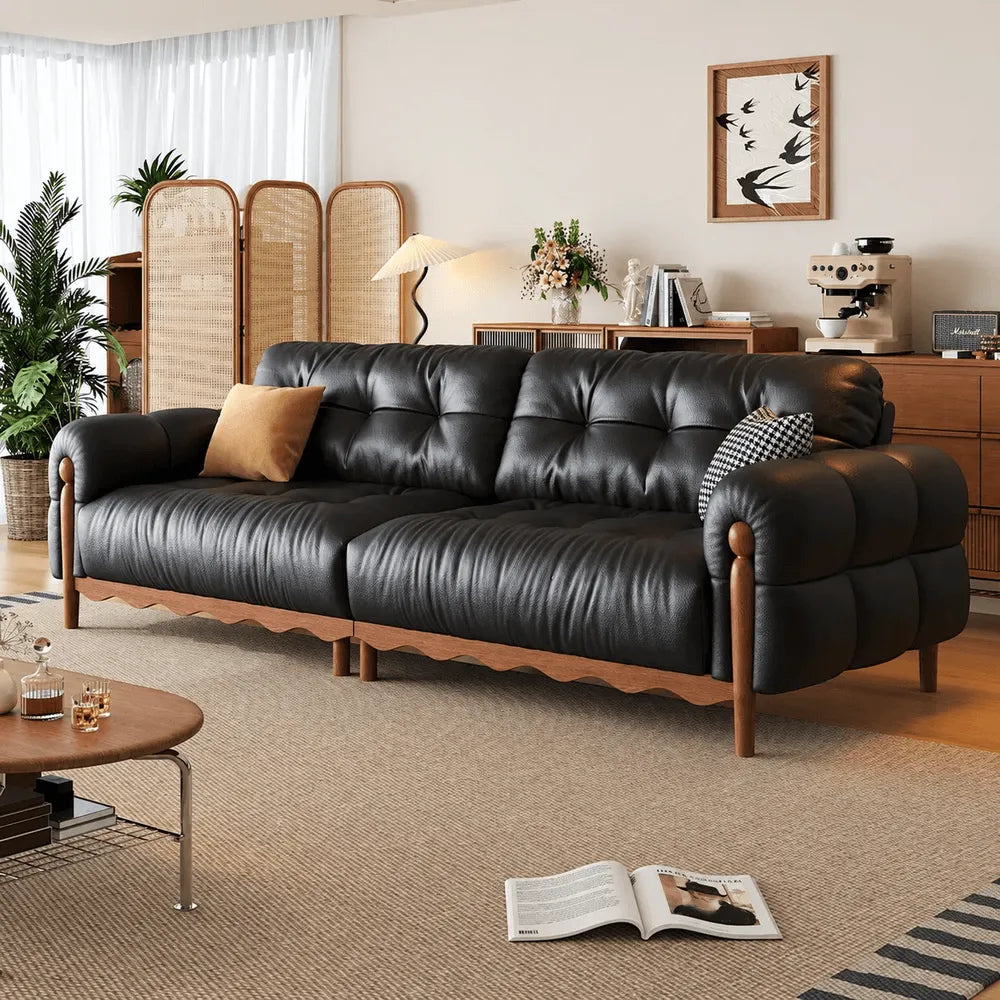 French Vintage Leather Sofa with Tufted Back, Rolled Arms and Wood Base Main Product Image Image principale du produit