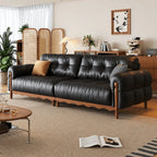 French Vintage Leather Sofa with Tufted Back, Rolled Arms and Wood Base Main Product Image