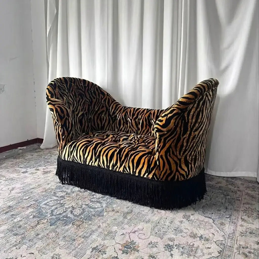 French Vintage Leopard Print Sofa with Tufted Velvet and Curved Arms
