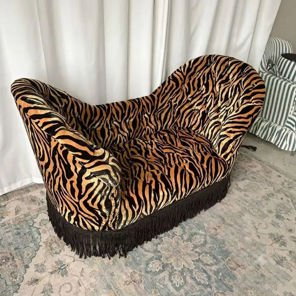 French Vintage Leopard Print Sofa with Tufted Velvet and Curved Arms