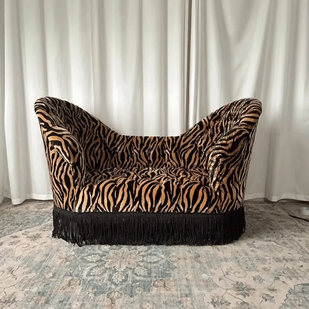 French Vintage Leopard Print Sofa with Tufted Velvet and Curved Arms Main Product Image