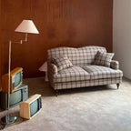 French Vintage Plaid Sofa With Rolled Arms and Soft Curved Silhouette