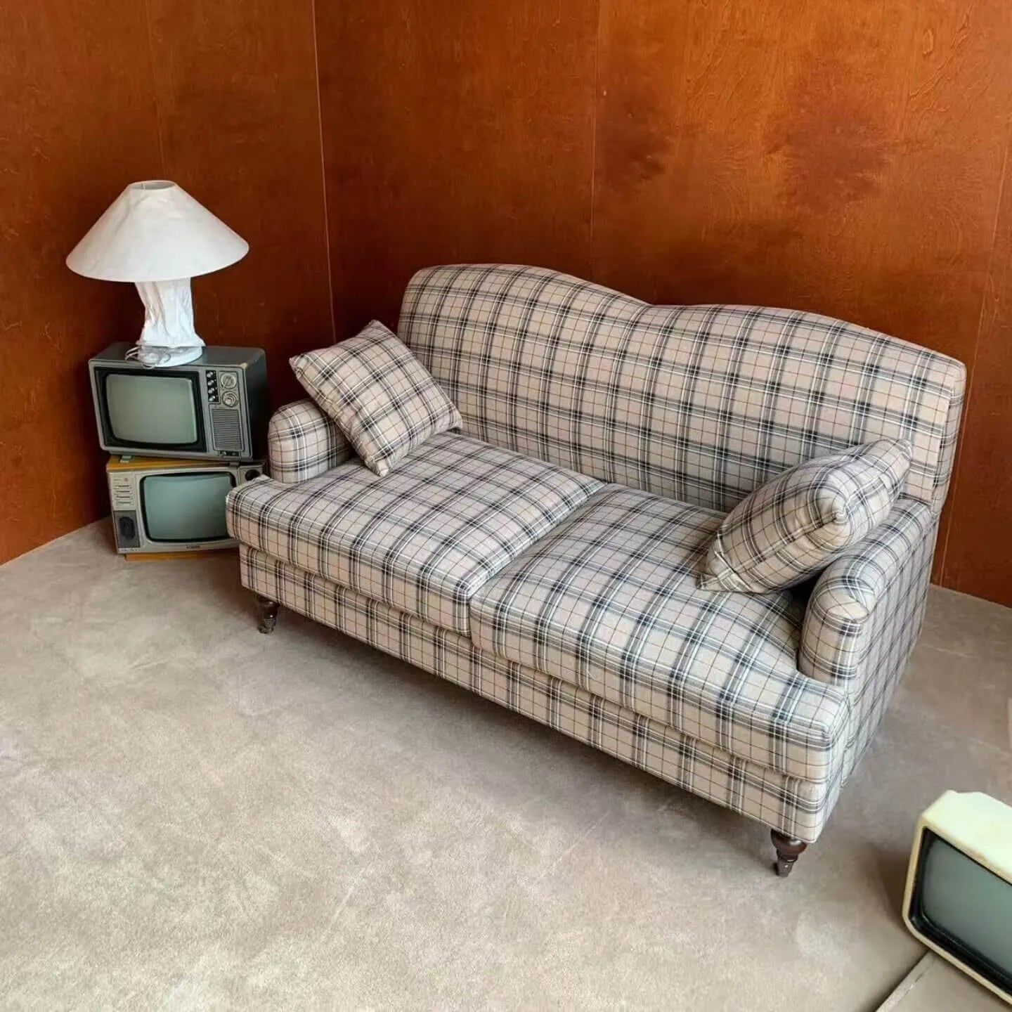 French Vintage Plaid Sofa With Rolled Arms and Soft Curved Silhouette