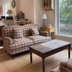 French Vintage Plaid Sofa With Rolled Arms and Soft Curved Silhouette Main Product Image
