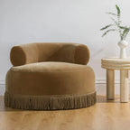 French Vintage Round Sofa Lounge Chair With Fringed Detail
