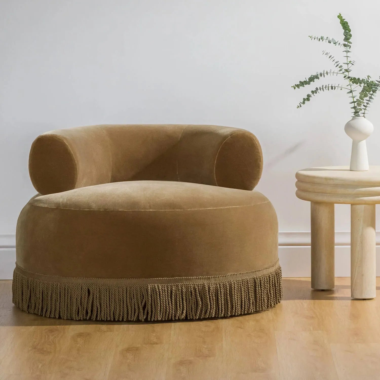 French Vintage Round Sofa Lounge Chair With Fringed Detail