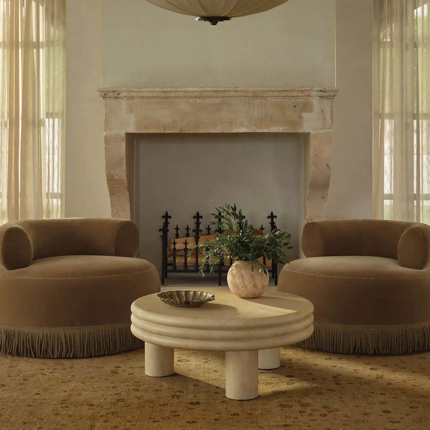 French Vintage Round Sofa Lounge Chair With Fringed Detail