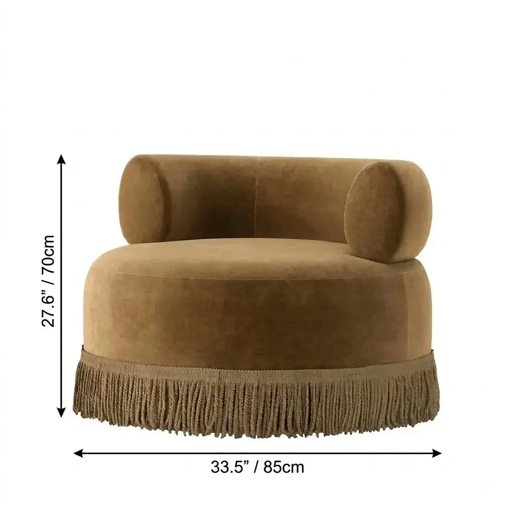 French Vintage Round Sofa Lounge Chair With Fringed Detail