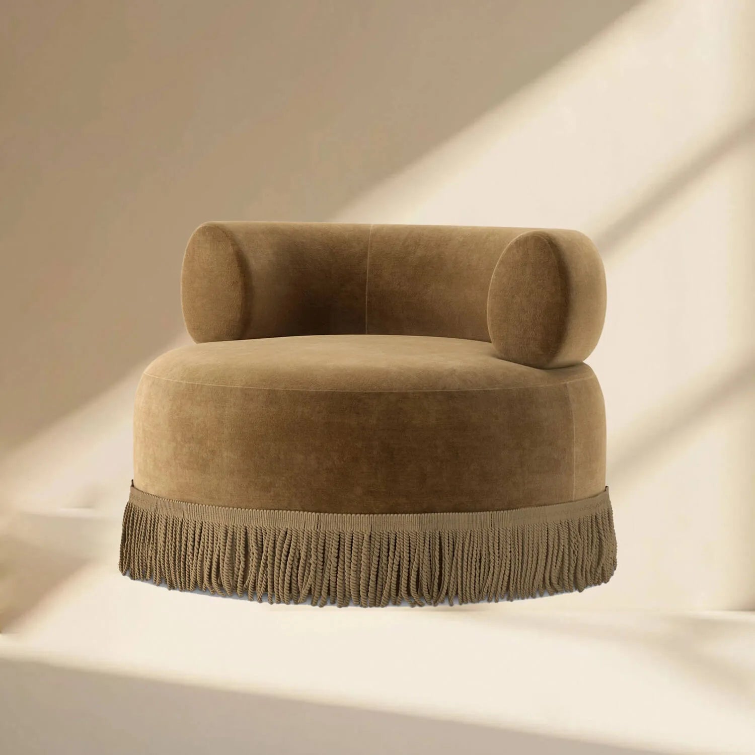 French Vintage Round Sofa Lounge Chair With Fringed Detail