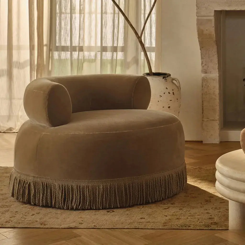 French Vintage Round Sofa Lounge Chair With Fringed Detail Main Product Image Main image