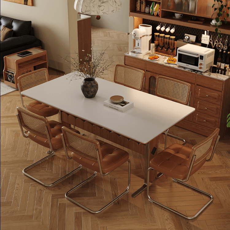 Rectangular sintered stone dining table with vintage design and storage