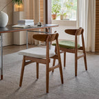 French Vintage Solid Ash Wood Dining Chair with Linen Upholstery