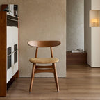 French Vintage Solid Ash Wood Dining Chair with Linen Upholstery