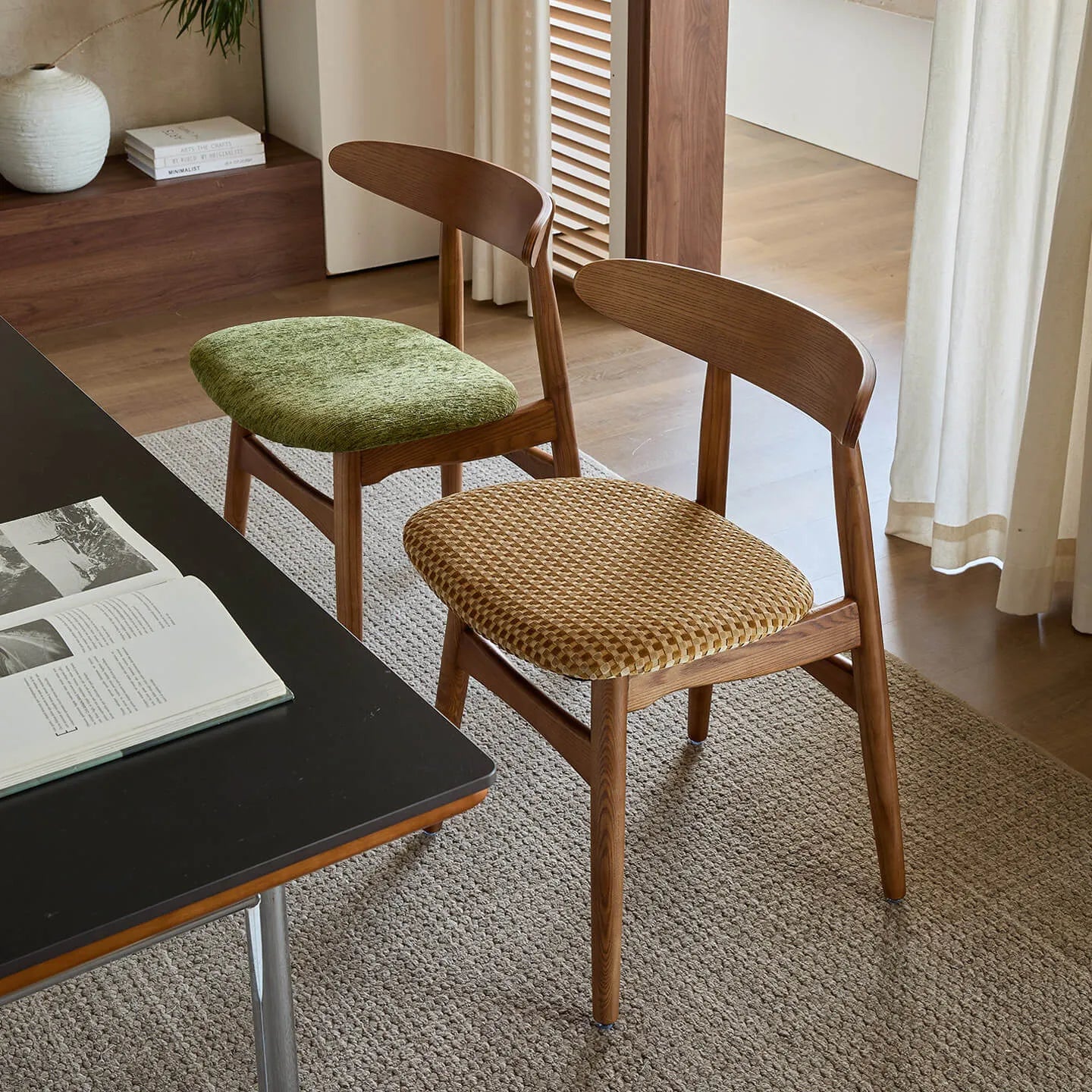 French Vintage Solid Ash Wood Dining Chair with Linen Upholstery