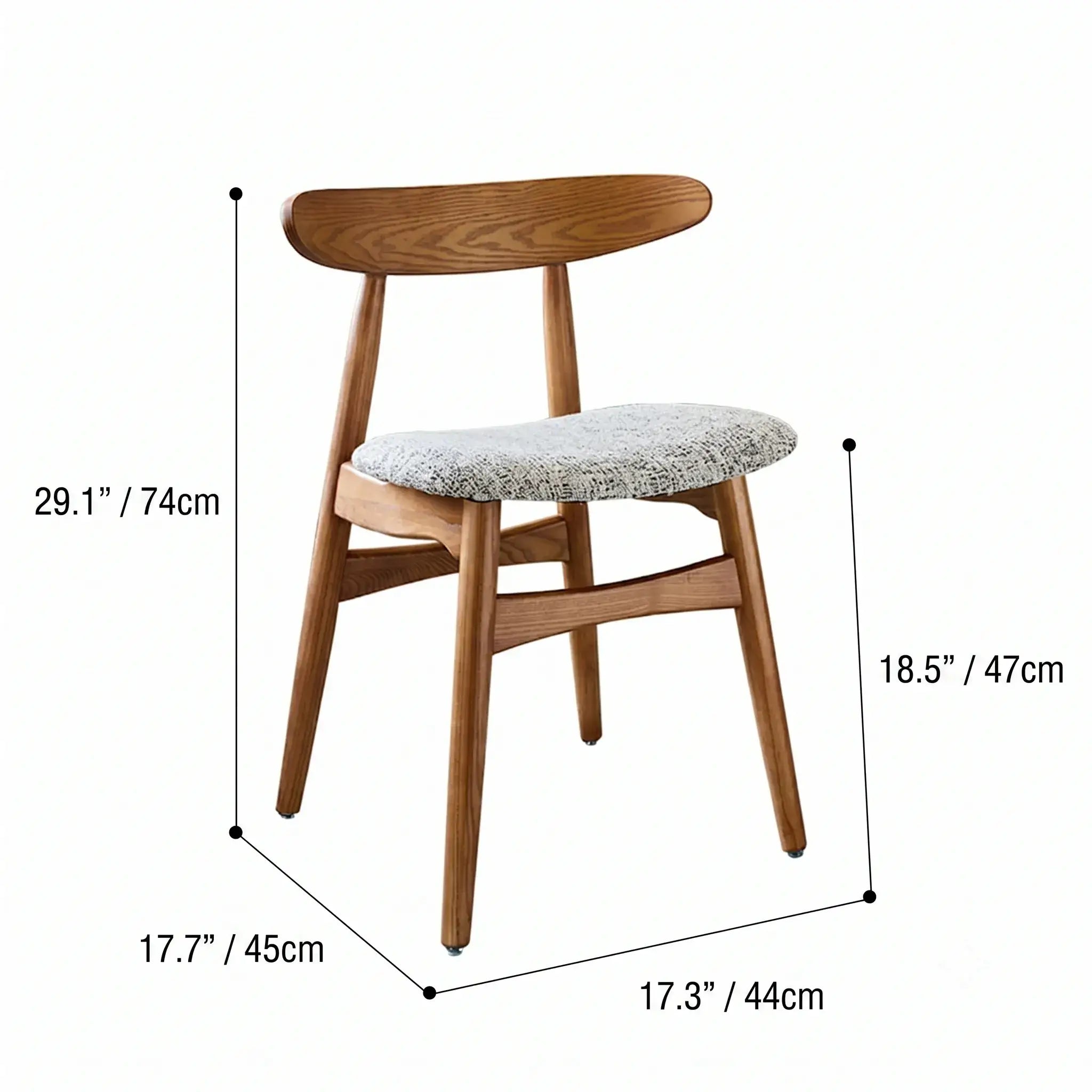 French Vintage Solid Ash Wood Dining Chair with Linen Upholstery Dimensions