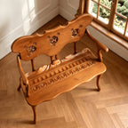 French Vintage Solid Wood Carved Bench with Wave Back and Curved Arms