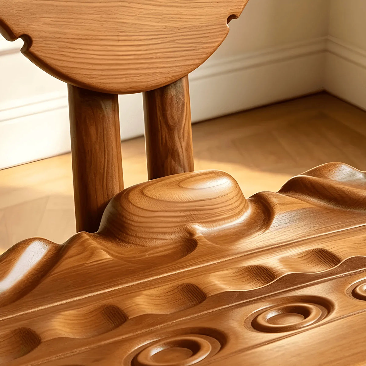 French Vintage Solid Wood Carved Bench with Wave Back and Curved Arms