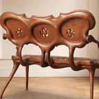 French Vintage Solid Wood Carved Bench with Wave Back and Curved Arms