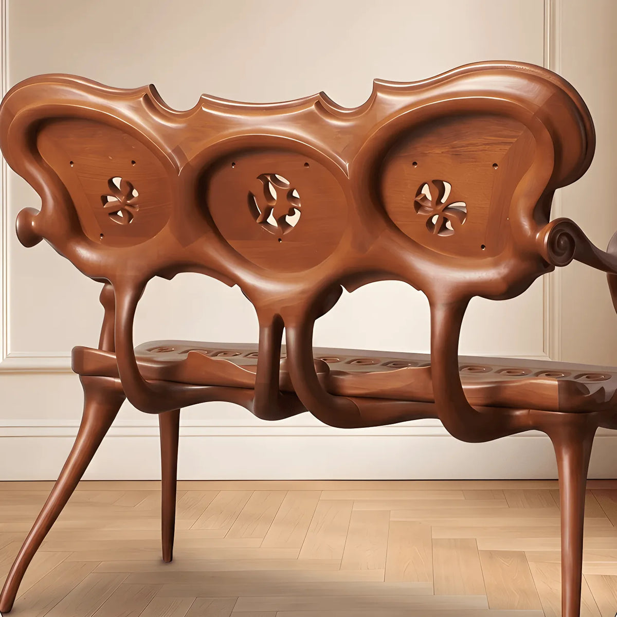 French Vintage Solid Wood Carved Bench with Wave Back and Curved Arms
