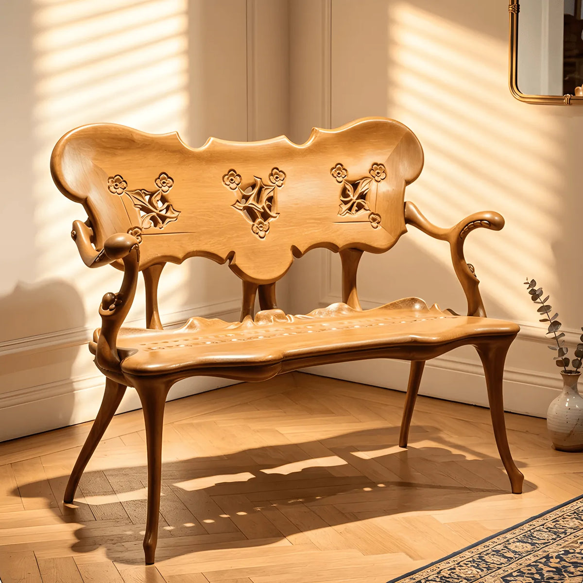French Vintage Solid Wood Carved Bench with Wave Back and Curved Arms