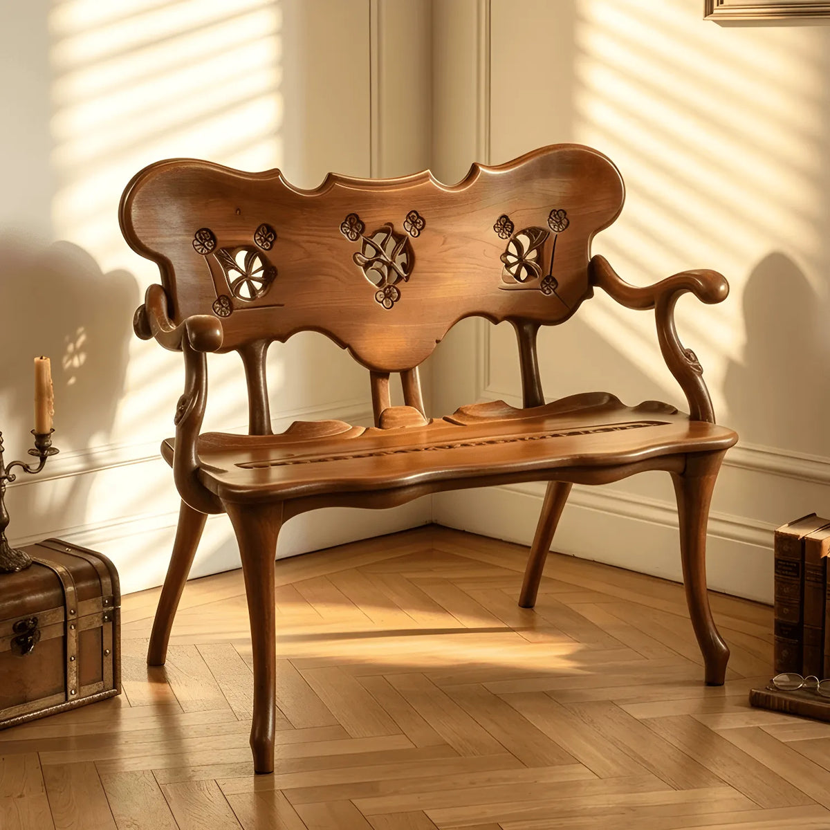 French Vintage Solid Wood Carved Bench with Wave Back and Curved Arms Main Product Image