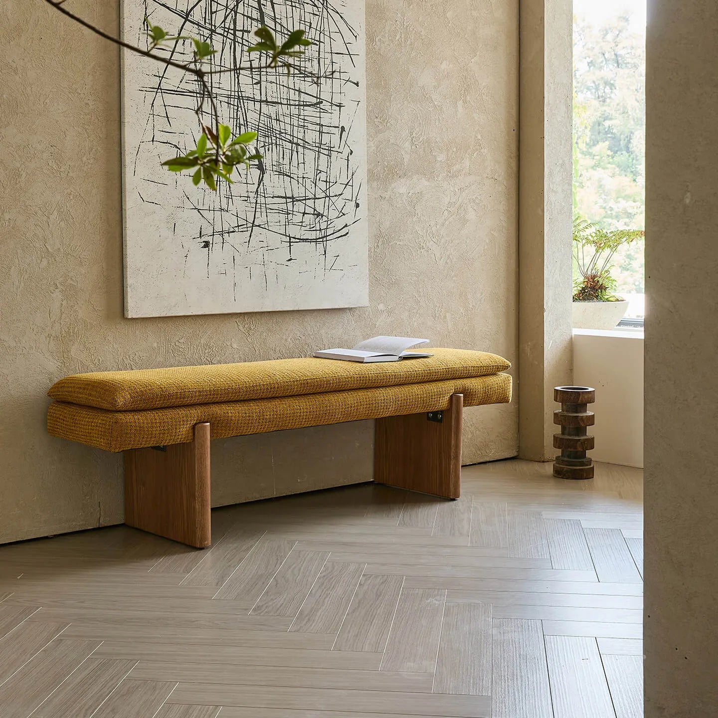 French Vintage Solid Wood Fabric Bench with Tailored Cushion Layers