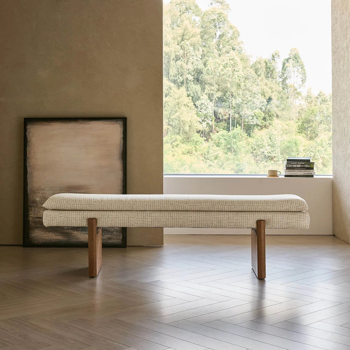 French Vintage Solid Wood Fabric Bench with Tailored Cushion Layers