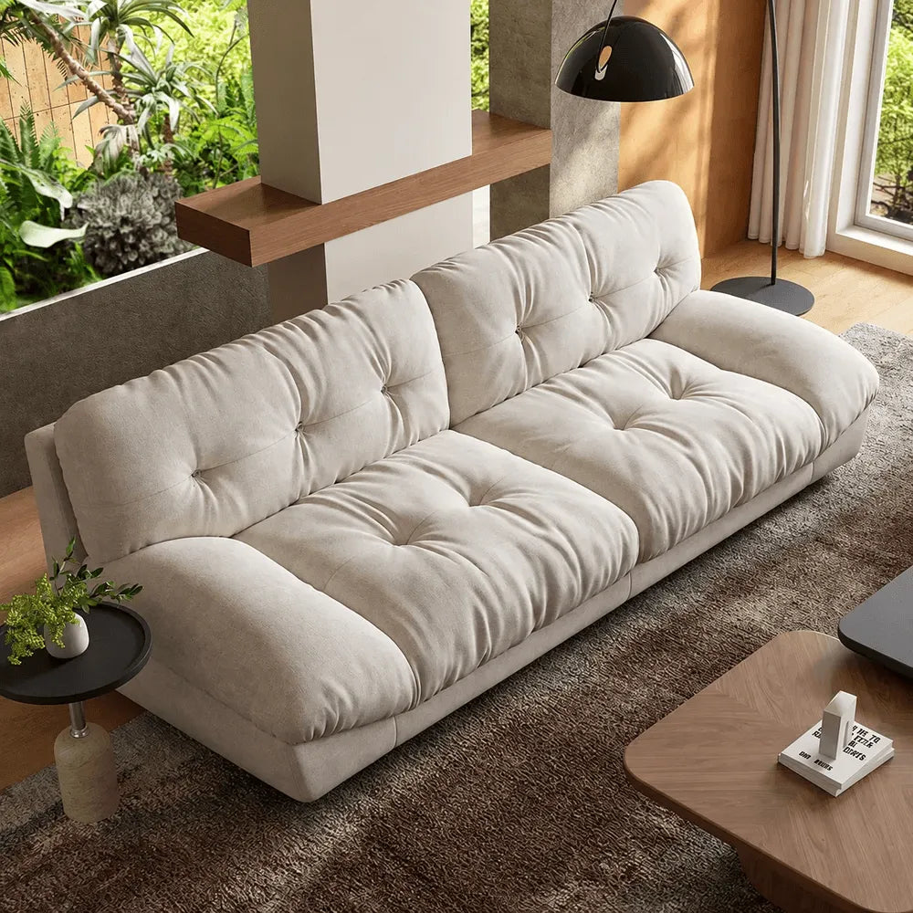 French Vintage Tufted Cloud Sofa With Deep Seat and Matte Textured Upholstery