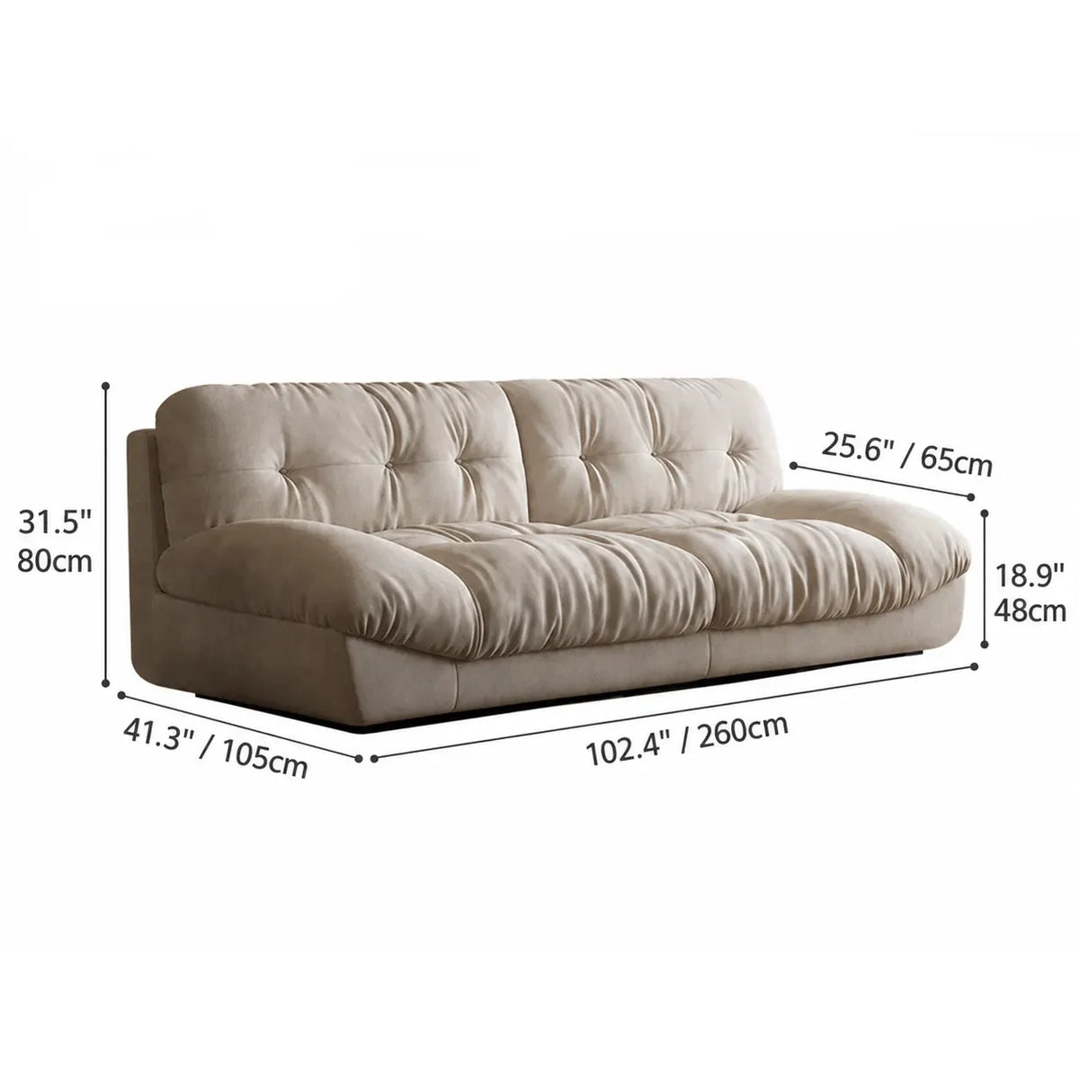 French Vintage Tufted Cloud Sofa With Deep Seat and Matte Textured Upholstery Dimensions