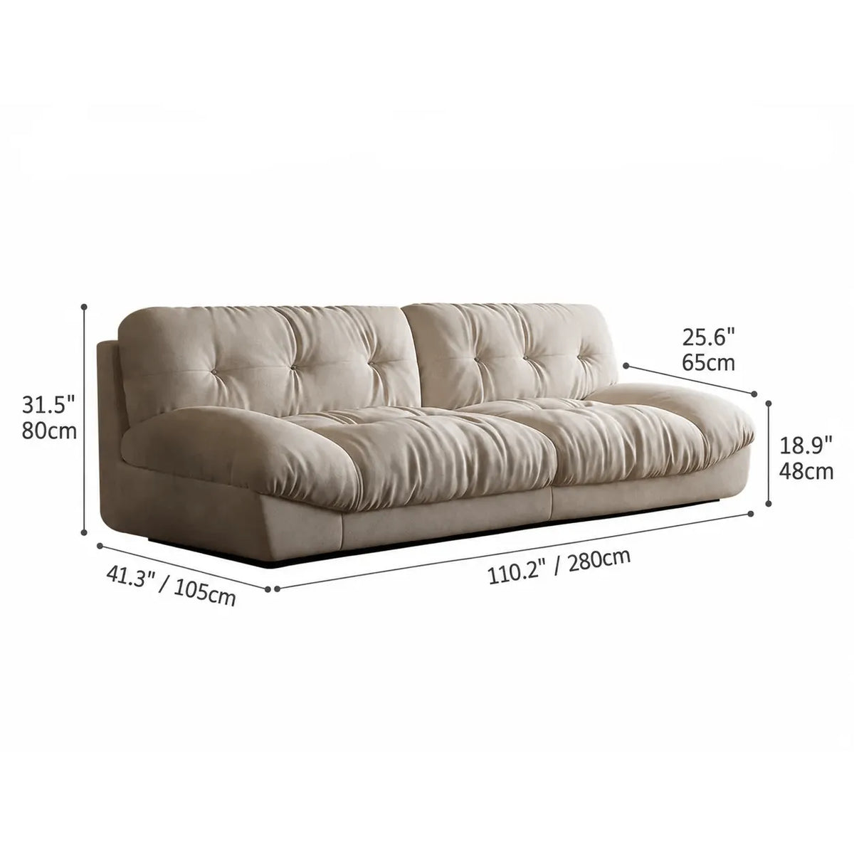 French Vintage Tufted Cloud Sofa With Deep Seat and Matte Textured Upholstery Dimensions
