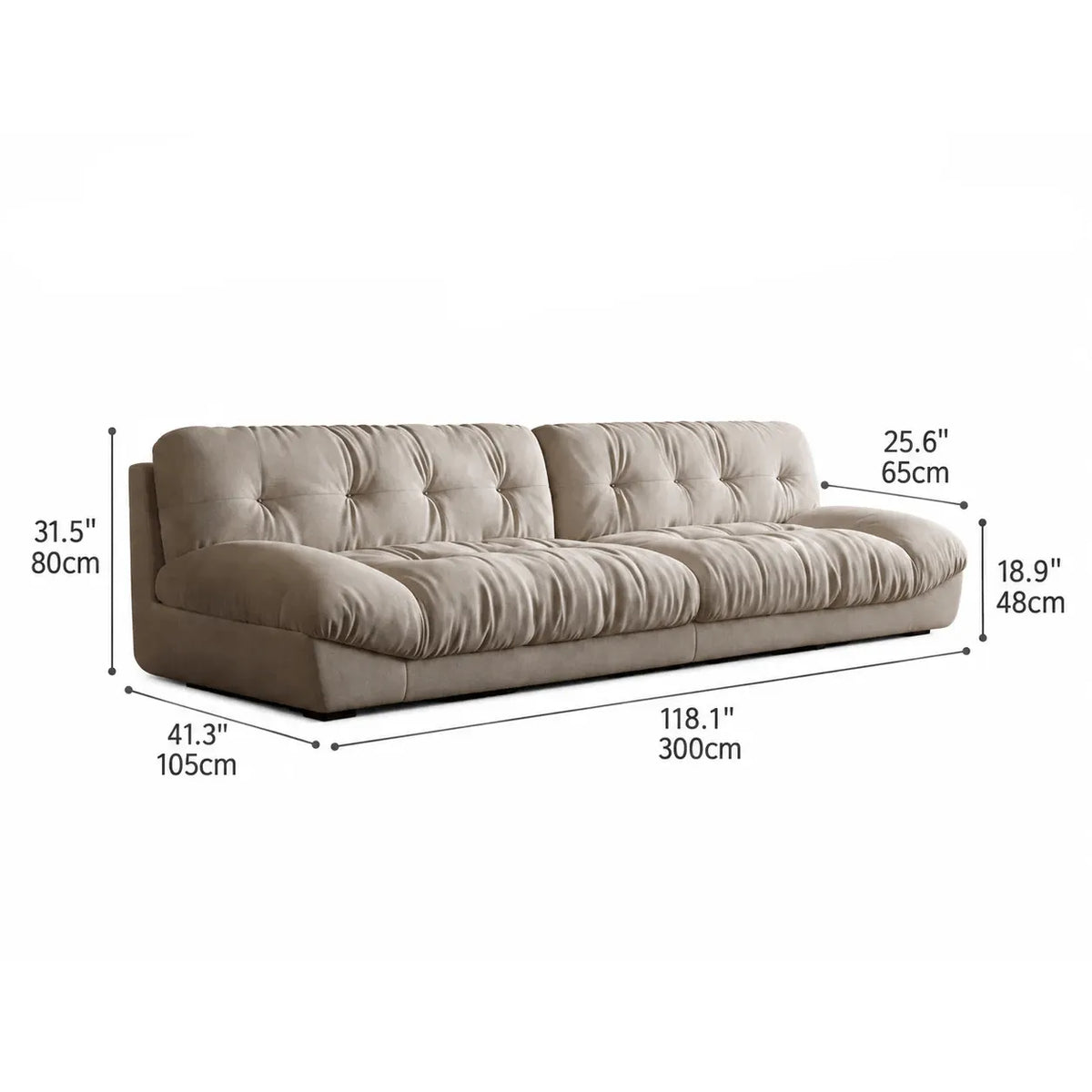 French Vintage Tufted Cloud Sofa With Deep Seat and Matte Textured Upholstery Dimensions