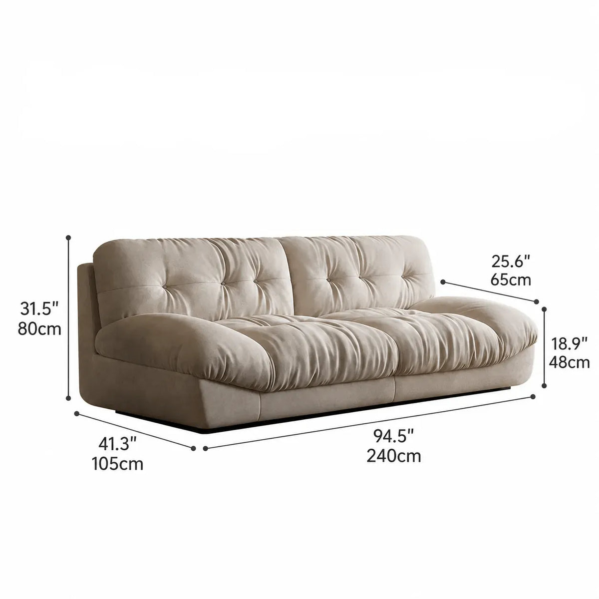 French Vintage Tufted Cloud Sofa With Deep Seat and Matte Textured Upholstery Dimensions