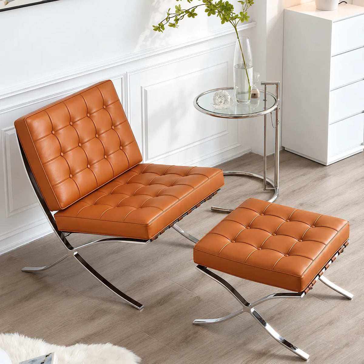 Barcelona Lounge Chair with Ottoman – Minimalist Leather Accent Seating