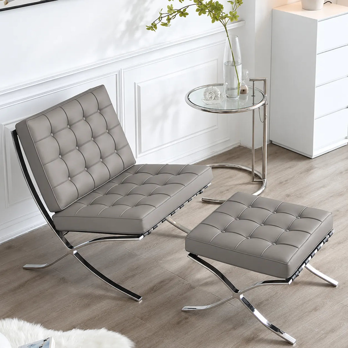 Barcelona Lounge Chair with Ottoman – Minimalist Leather Accent Seating