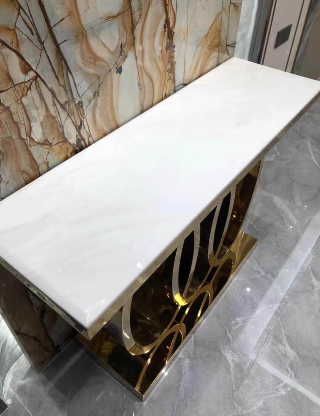 Geometric Base Console Table with Faux Marble & Stainless Steel