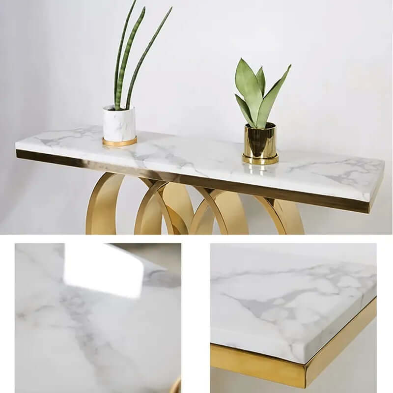Geometric Base Console Table with Faux Marble & Stainless Steel